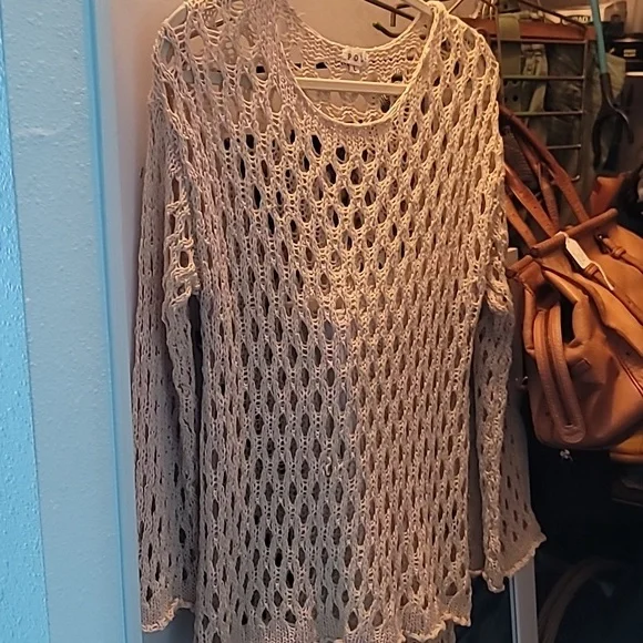 POL Women's Top Large Cream Crochet Mesh Knit Boat Neck Bell Sleeve Sweater - Picture 3 of 9